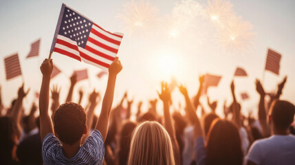 Celebratory Crowd Waving American Flags During Sunset With Fireworks in the Background at a Local Festival in the Summer