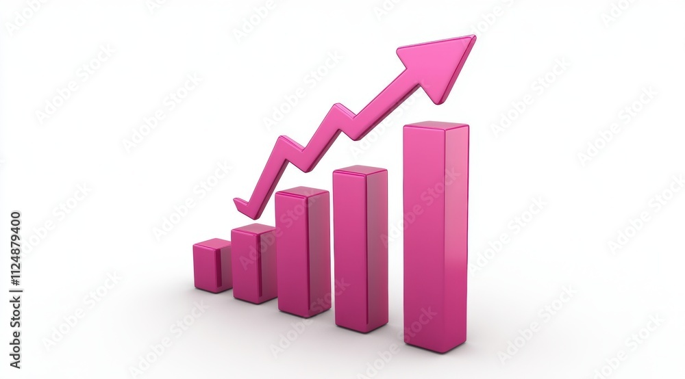 Poster a pink bar graph with an arrow pointing upwards, a simple icon on a white background, 3d render