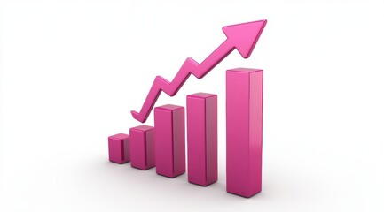 A pink bar graph with an arrow pointing upwards, a simple icon on a white background, 3D render