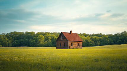 Fototapeta premium Rustic wooden house surrounded by lush green fields under a serene sky