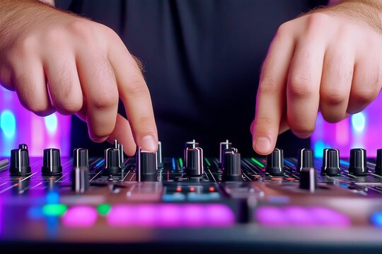 A close-up of a DJ hands adjusting knobs and sliders on a turntable mixer, with colorful waveforms displayed on a nearby screen