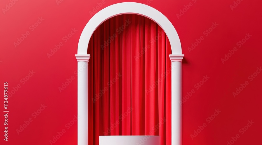 Poster a red curtain backdrop with an arched opening and a white column at the bottom, creating a classic s