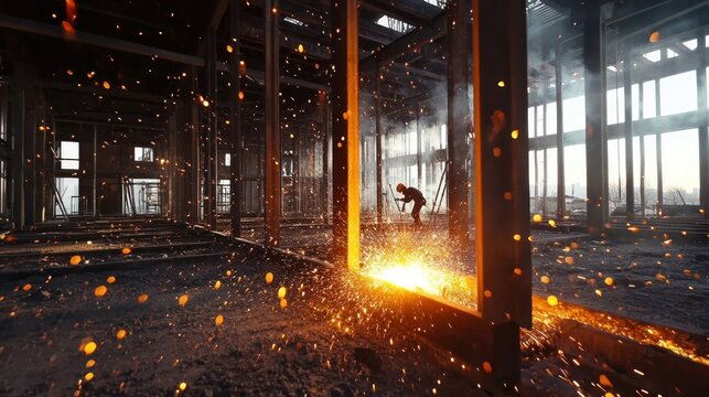 Close-up of a welder joining steel beams, sparks illuminating partially erected columns and unfinished floors