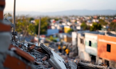 A view of damaged buildings in a neighborhood after a disaster.