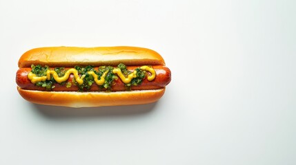 Classic Hot Dog with Mustard and Relish on White Background