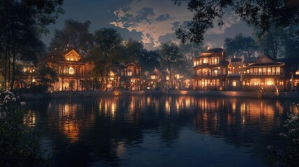 Obraz premium Ancient Town Reflected in Water at Night, Traditional Architecture Illuminated, Serene and Historic Asian Setting