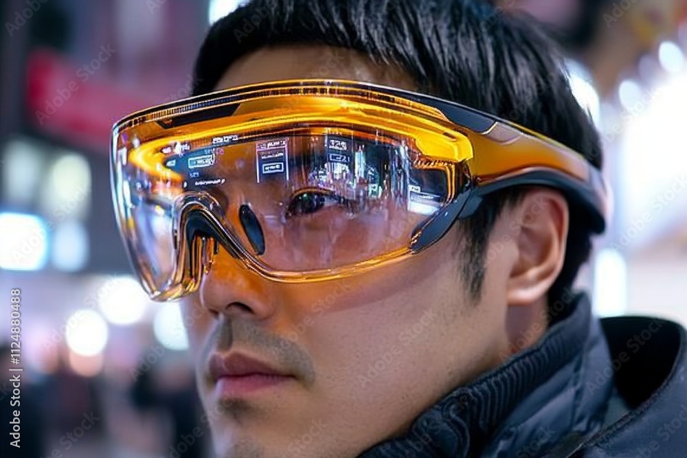 Poster a close-up of augmented reality glasses projecting interactive digital menus in a busy urban environ