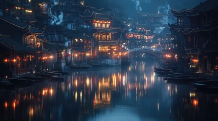 Ancient Town Reflected in Water at Night, Traditional Architecture Illuminated, Serene and Historic Asian Setting