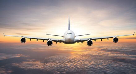 Naklejka premium Passengers commercial airplane flying above clouds in sunset light. Concept of fast travel, holidays and business.
