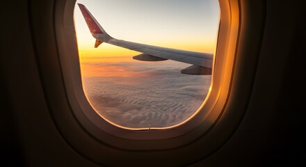 Naklejka premium Passengers commercial airplane flying above clouds in sunset light. Concept of fast travel, holidays and business.