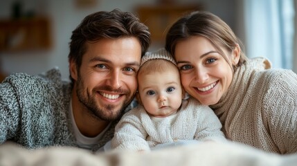 Obraz premium In a serene bedroom, parents share a joyful cuddle with their adorable baby, dressed in cozy sweaters, surrounded by warmth and affection