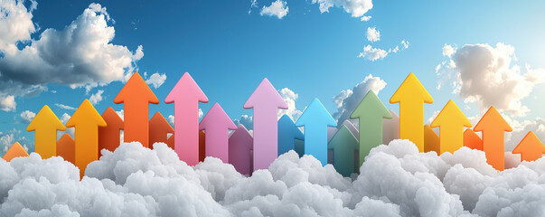 Colorful arrows pointing upward through clouds against bright sky symbolize growth and optimism