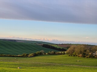 Cloudy Sky Over Agricultural Fields with Trees and Grassland