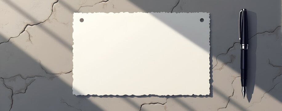 A blank note rests on a cracked surface, bathed in sunlight, a pen poised nearby, ready to capture thoughts and ideas.