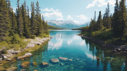 Serene mountain lake surrounded by lush pine forests