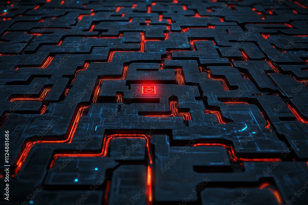 Poster a dark digital labyrinth with glowing red and blue circuits forming eerie pathways, symbolizing the 