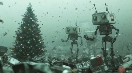 Robots working tirelessly to save a Christmas Robots using underwater tools to free a spa