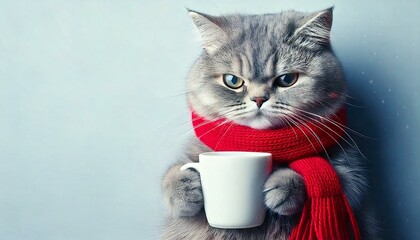 A Grumpy Cat Wrapped in a Red Scarf, Sipping a Cup of Coffee