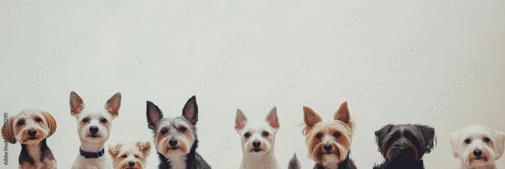Poster Various breeds and sizes of dogs sit side by side, creating a joyful gathering perfect for showcasing text above them. Generative AI