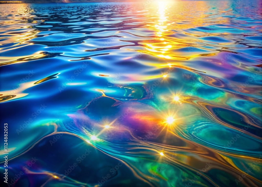 Poster captivating iridescent water surface with vibrant reflections and soft light, perfect for nature and