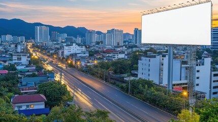 Urban Cityscape with Empty Billboard at Sunset in Modern Metropolis Scene