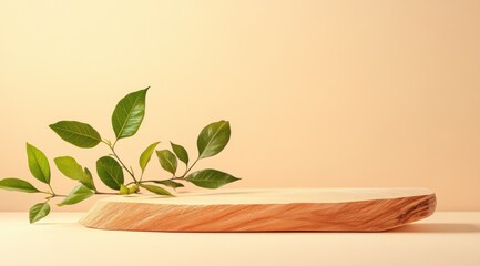 A wooden podium with green leaves on the left side, beige background, minimalist style, product display platform, product photography scene,
