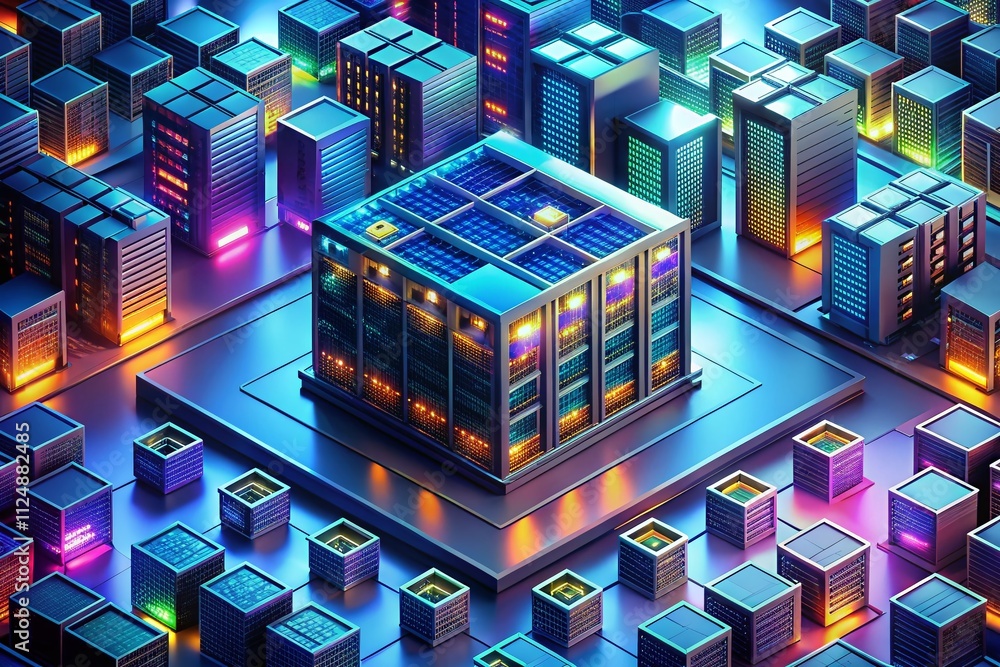 Poster captivating isometric illustration of a data center for big data analysis featuring advanced compute
