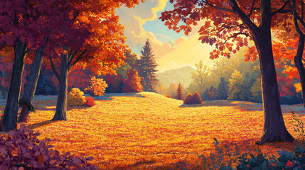 Fototapeta premium Bright morning sun casting warm hues over a lush autumn forest with vibrant leaves