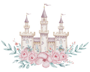 Watercolor illustration of a fairytale Castle with pink Flowers and greenery. Drawing for children decor, nursery posters, birthday cards, or princess invitations. Whimsical and magical fortress. © Alisles