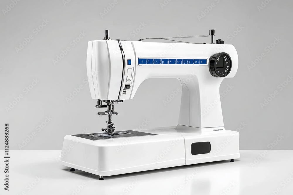 Poster a detailed view of a modern sewing machine, featuring adjustable settings and a sleek design, isolat