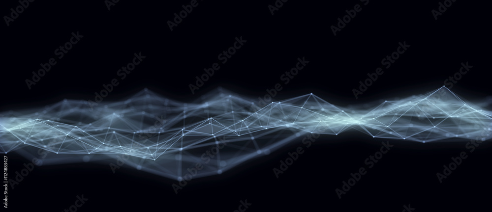 Fototapete Music color wave of particles and lines. Big data visualization. Abstract blue background with a dynamic wave. 3d rendering.