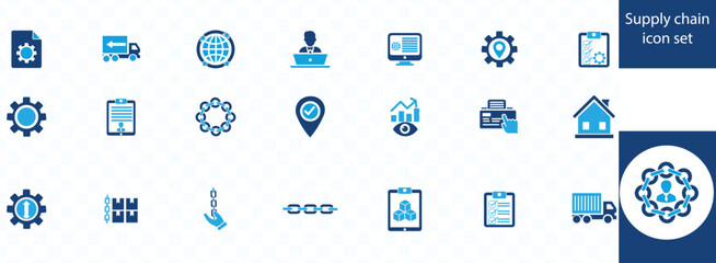 Supply chain icon set. Shipping, logistics, delivery, product, distribution, factory, warehouse, box, industry and shipment icons. Solid icon 