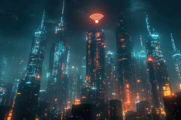 Futuristic Cyberpunk Cityscape with Neon Lights and Digital Connectivity in a Rainy Night
