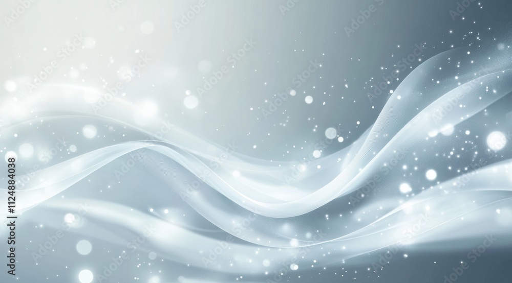 Poster abstract background with light blue and white color waves, featuring glowing dots that suggest a fut