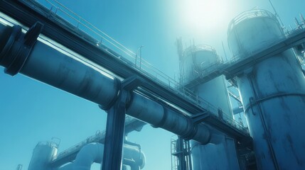 Fototapeta premium Exterior view of a chemical processing unit, pipe bridges connecting different units, under a bright midday sun