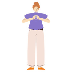 Illustration of a Smiling Woman with Red Hair in Purple Blouse and Beige Pants Showing Heart Gesture