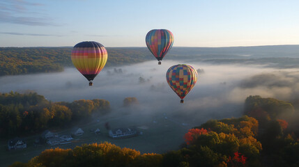 Naklejka premium Brightly colored hot air balloons drifting over a foggy autumn valley