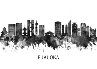 Fototapeta premium Fukuoka Japan Skyline BW, cityscape buildings city skyline architecture illustration abstract modern painting travel poster landscape print urban art