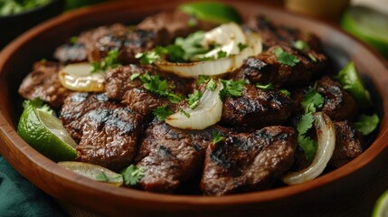An inviting plate of carne asada with grilled onions and fresh cilantro.