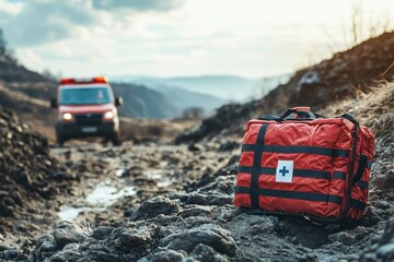 Emergency Medical Kit on Rocky Terrain with Ambulance in Background During Rescue Operation in Remote Area