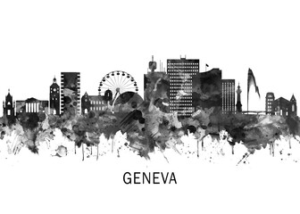Fototapeta premium Geneva Switzerland Skyline BW, cityscape buildings city skyline architecture illustration abstract modern painting travel poster landscape print urban art