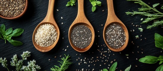 Assorted Seeds and Fresh Herbs on Wooden Spoons Displayed on a Dark Slate Background