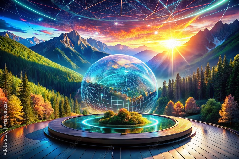 Poster captivating landscape photography featuring a rotating ai hologram surrounded by a glowing data grid