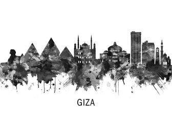 Obraz premium Giza Egypt Skyline BW, cityscape buildings city skyline architecture illustration abstract modern painting travel poster landscape print urban art