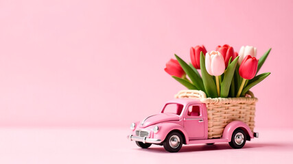 Retro toy car delivering a bouquet of flowers on a pink background. Flower delivery for March 8, International Women's Day, Mother's Day and Valentine's Day.