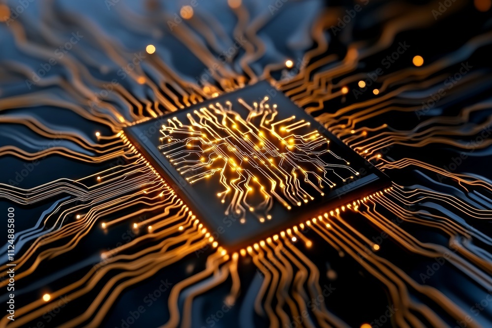 Poster A flat design of a glowing microchip with radiating digital lines, symbolizing connectivity and data flow