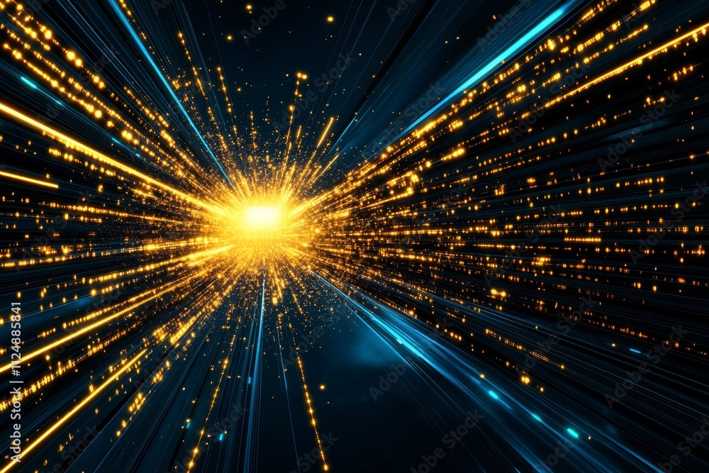 Poster A flat design of a glowing microchip with radiating digital lines, symbolizing connectivity and data flow