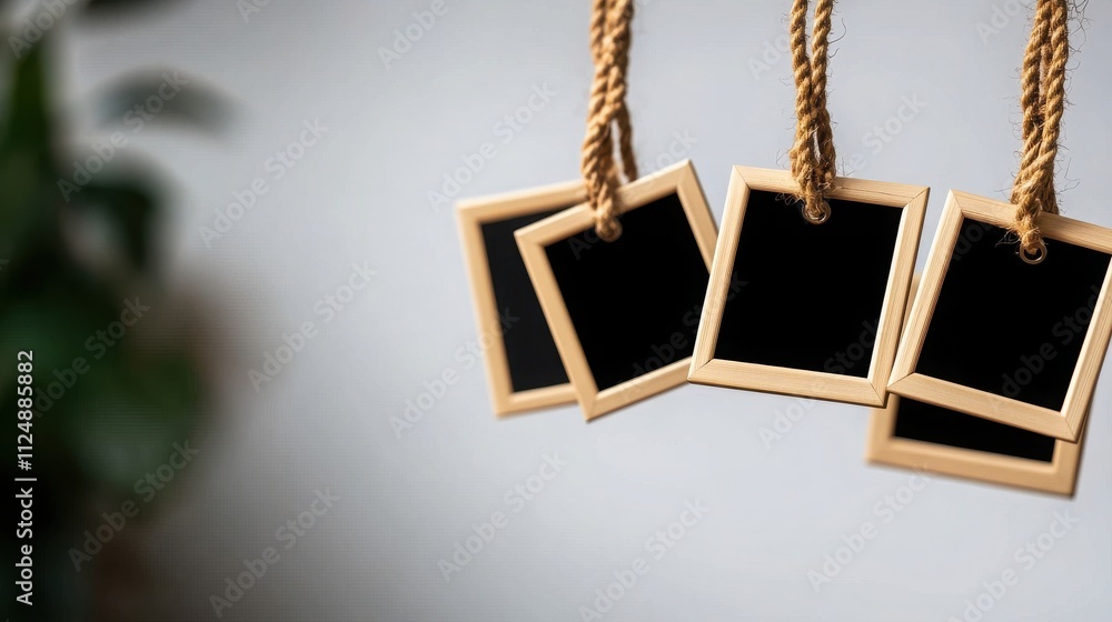 Poster a minimalist display of empty frames hanging by twine, perfect for showcasing memories or artwork in