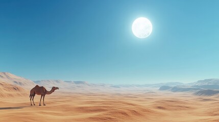 Lonely Camel Under a Bright Sun in a Vast Desert Landscape