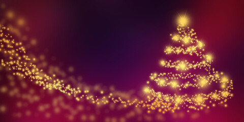 Fototapeta premium Background Golden Twilight Christmas Tree.Magical Holiday Glow. Starlit Christmas Night. Dreamy Festive Lights. Radiant Christmas in Purple Sky. Golden Sparkles of Christmas Night